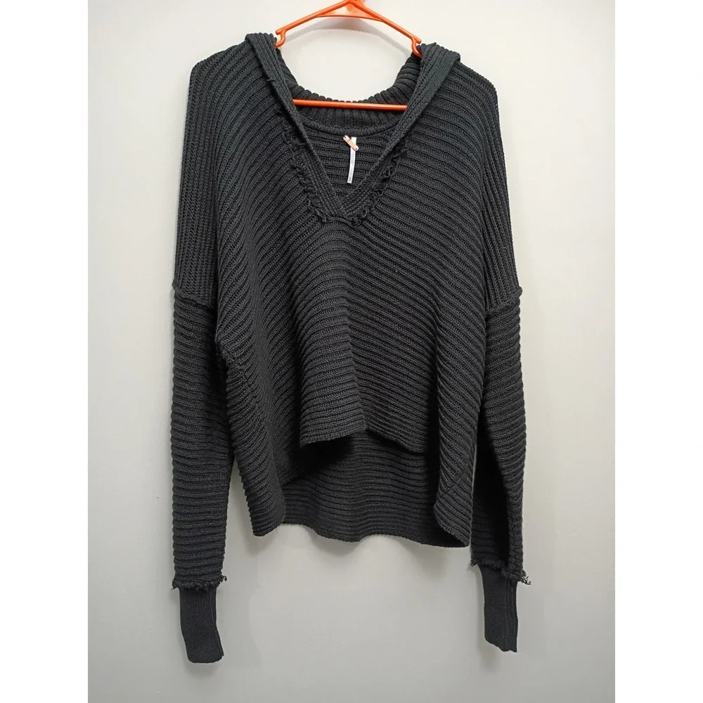 Free People Marlie Deep V Fringe Hooded Pullover Sweater Grey Black OB1332205 S